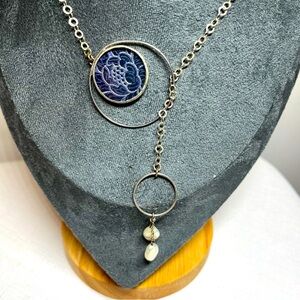 Sterling Silver necklace w Blue silk fabric Pendant & white pearls
Handmade